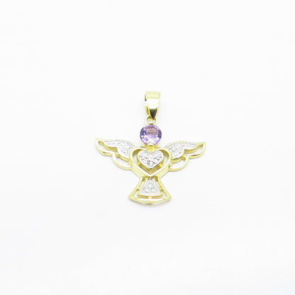 925 Sterling Silver Gold Plated Real White Diamond & Amethyst Gem Angel Pendant