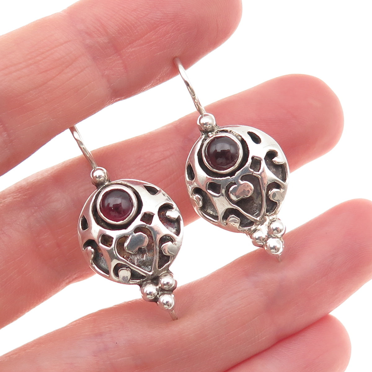 925 Sterling Silver Vintage Real Red Garnet Modernist Heart Oxidized Earrings