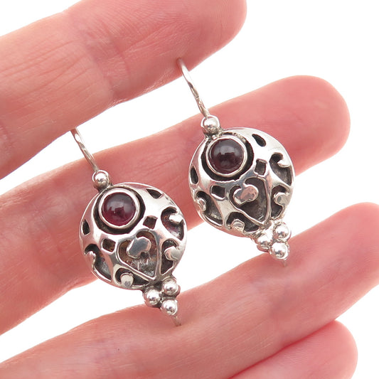 925 Sterling Silver Vintage Real Red Garnet Modernist Heart Oxidized Earrings
