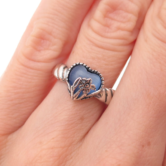 925 Sterling Silver Vintage Real Cat's Eye Floral Heart Oxidized Ring Size 6.25