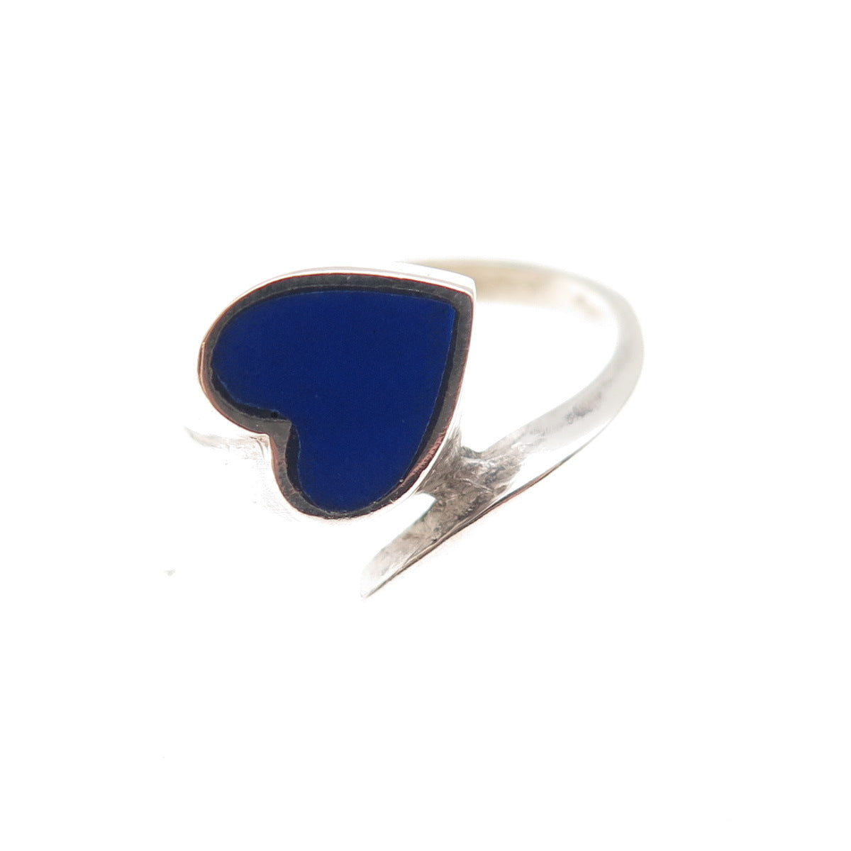 925 Sterling Silver Vintage Real Lapis Heart Bypass Oxidized Ring Size 4.5