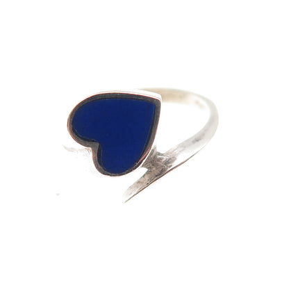 925 Sterling Silver Vintage Real Lapis Heart Bypass Oxidized Ring Size 4.5