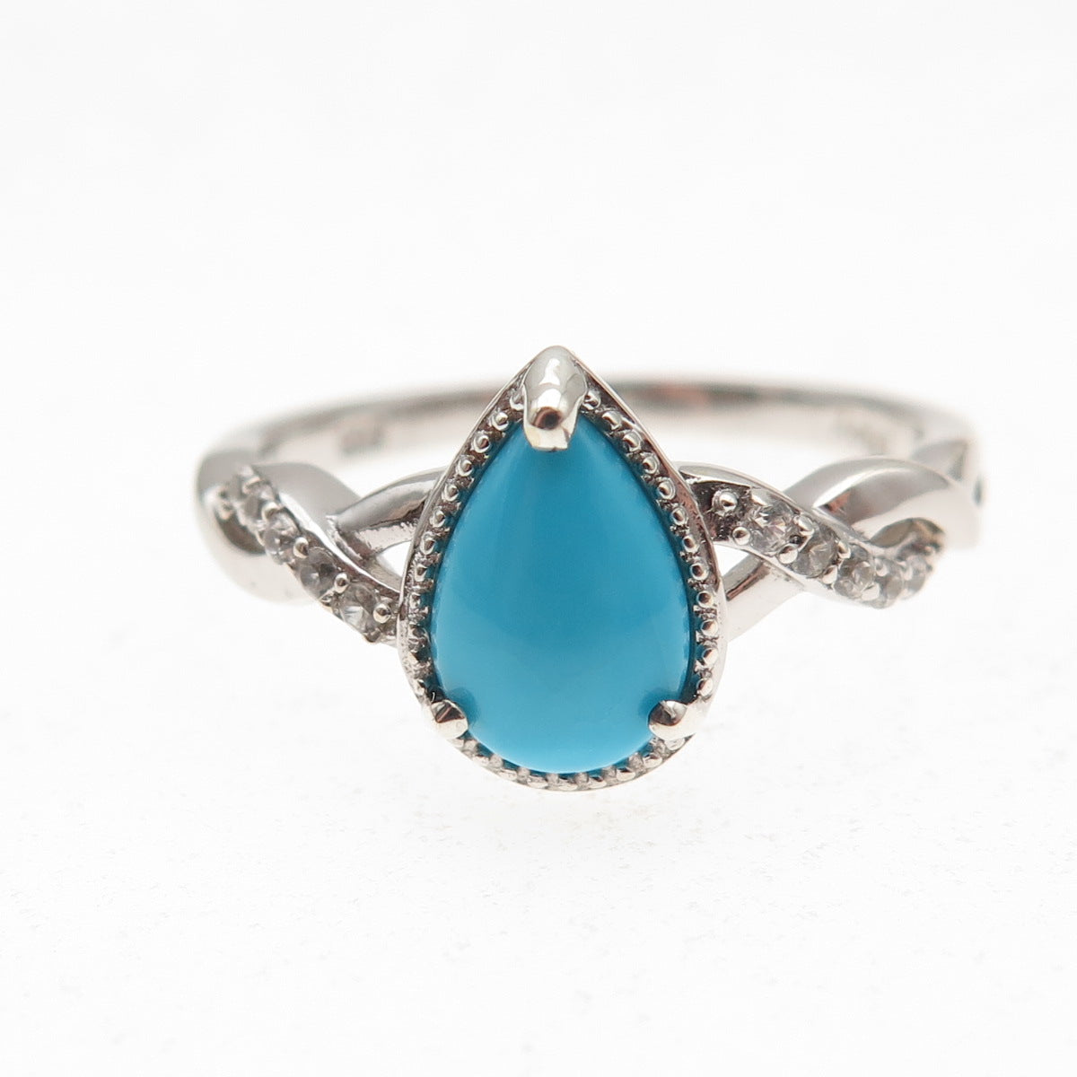 D'Joy 925 Sterling Real Sleeping Beauty Turquoise & White Topaz Ring Size 8.25