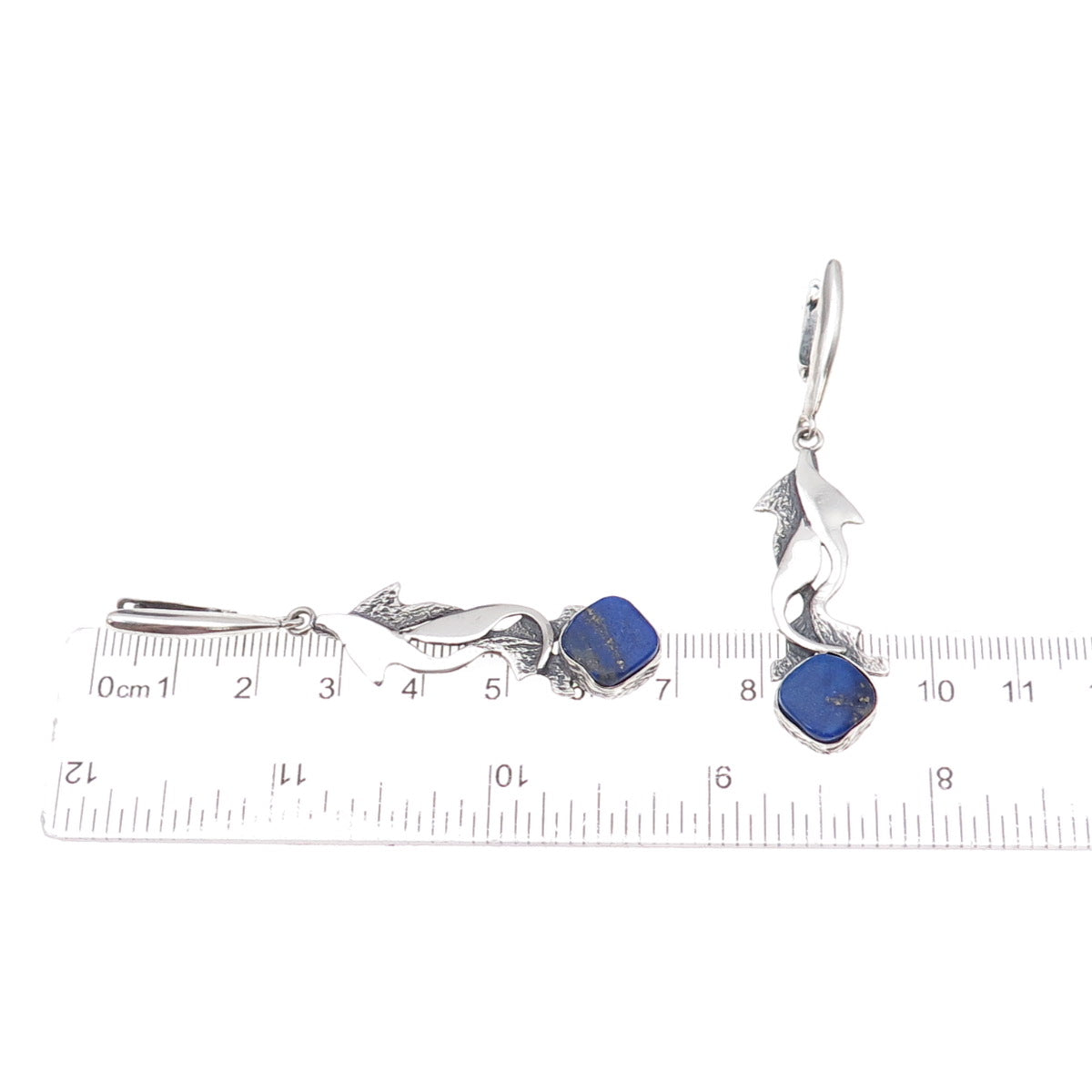 925 Sterling Silver Vintage Poland Real Lapis Modernist Oxidized Dangle Earrings