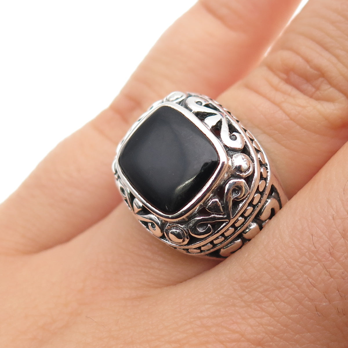 CHAPAL ZENRAY 925 Sterling Silver Vintage Real Black Onyx Oxidized Ring Size 6