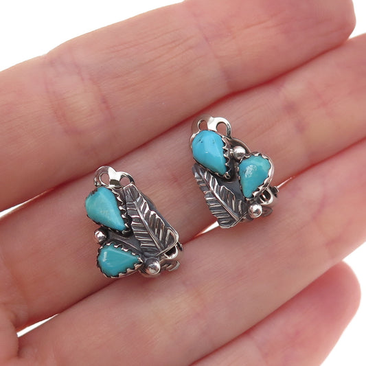 Old Pawn 925 Sterling Silver Vintage Turquoise Feather Tribal Clip On Earrings