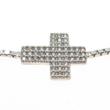 925 Sterling Silver Pave C Z Cross Box Link Bracelet 9.5"