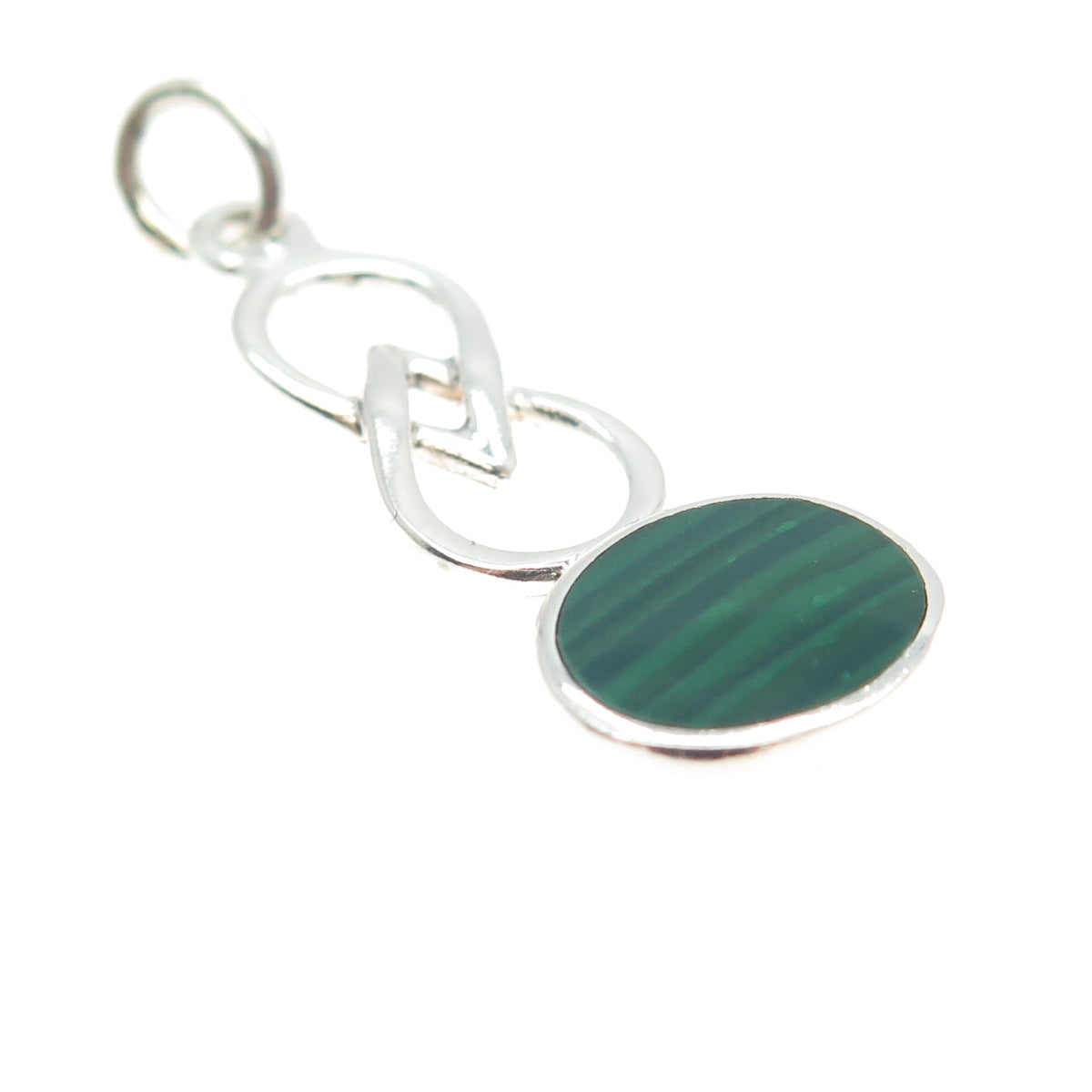 925 Sterling Silver Vintage Real Malachite Modernist Infinity Pendant