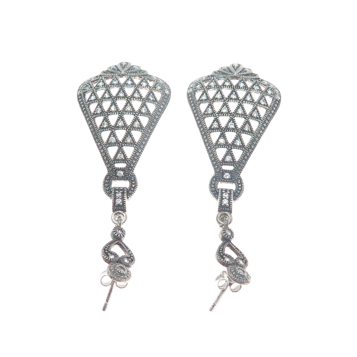 925 Sterling Silver Vintage Round-Cut C Z Oxidized Dangle Earrings