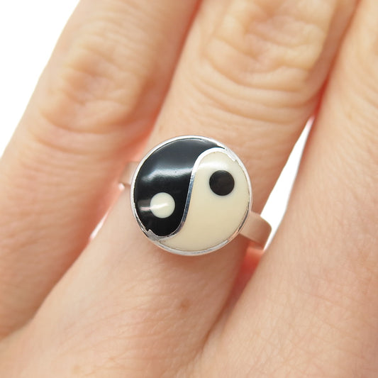 925 Sterling Silver Vintage Black & White Enamel Yin Yang Ring Size 5.25