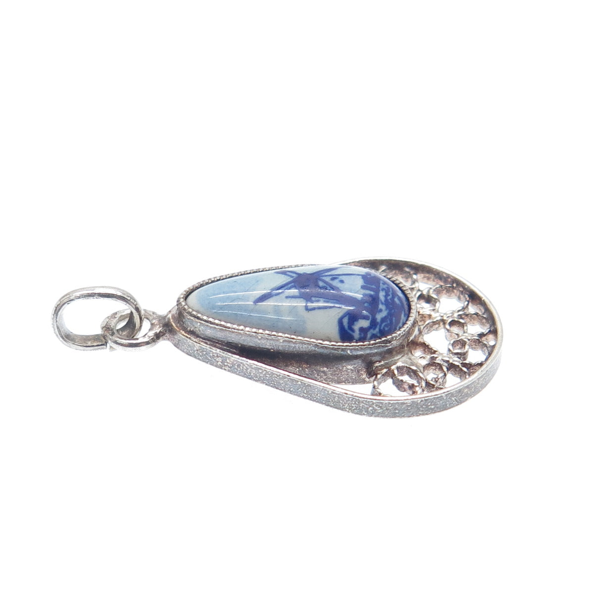 925 Sterling Silver Vintage Ceramic Old Windmill Filigree Teardrop Pendant
