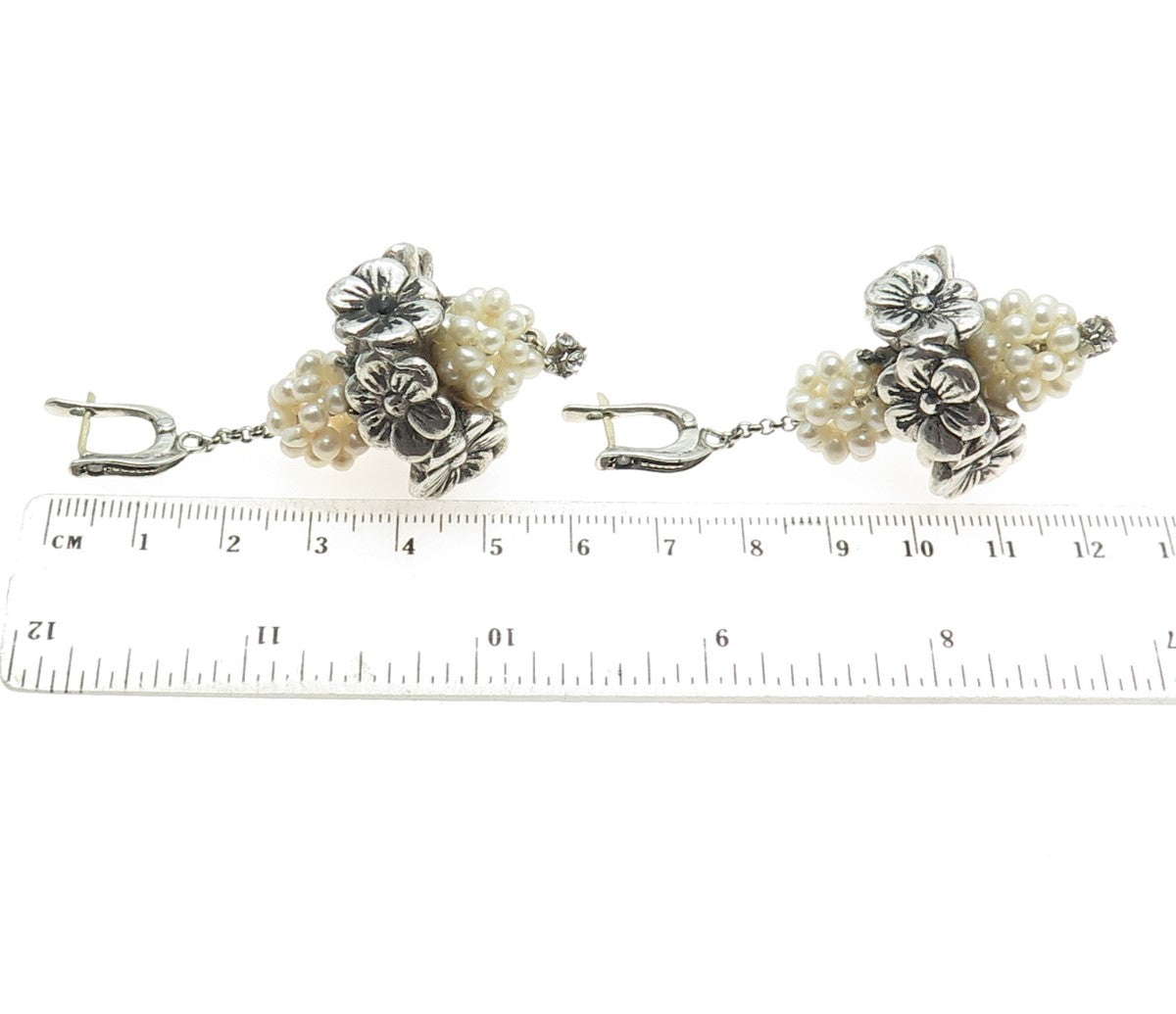 925 Sterling Silver Vintage Real Pearl & C Z Flower Blossom Dangling Earrings