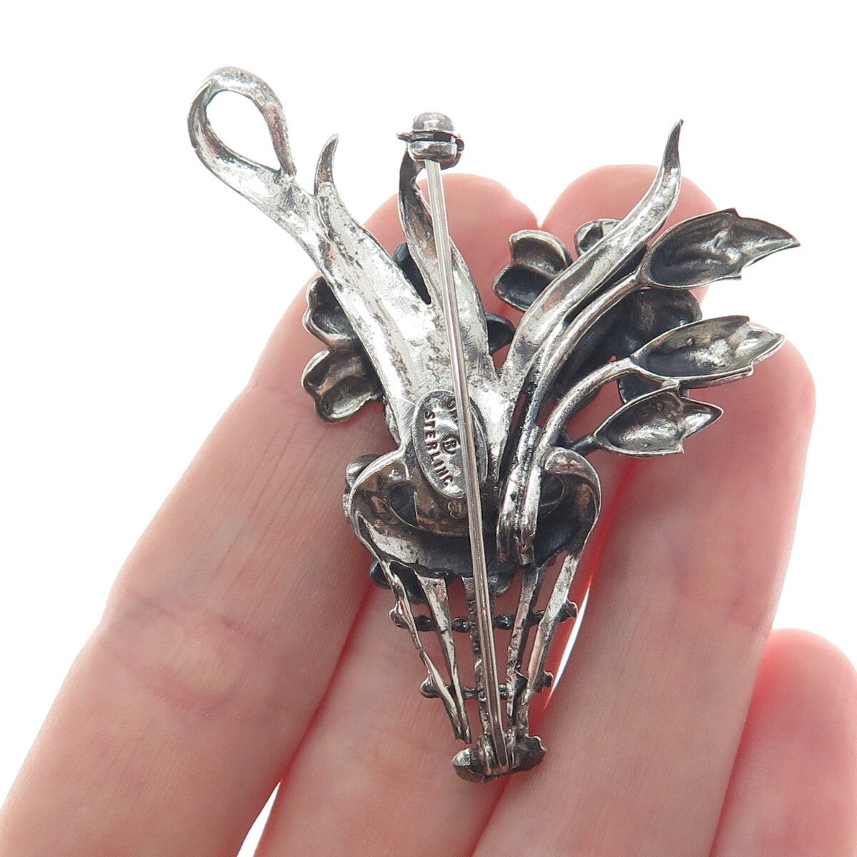 DANECRAFT 925 Sterling Silver Antique Art Deco Flower Bouquet Oxidized Brooch