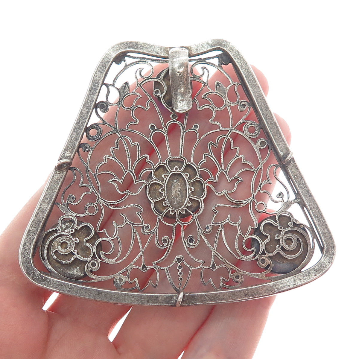 800 Silver Antique Blue Green & Purple Rhinestone Filigree Oxidized Pendant