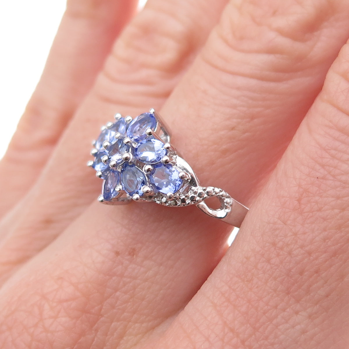 Chuck Clemency 925 Sterling Silver Real Multi-Cut Tanzanite Floral Ring Size 8