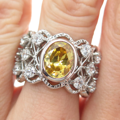 925 Sterling Silver Oval & Round-Cut Canary White C Z Ring Size 7.75