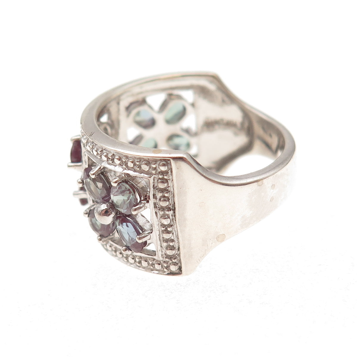 925 Sterling Silver Lab-Created Peacock Sapphire Floral Ring Size 9