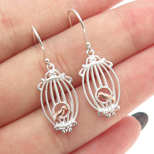 925 Sterling Silver 2-Tone Bird in Cage Dangling Earrings