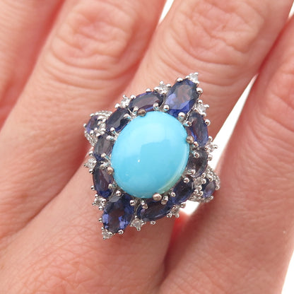 Chuck Clemency Sterling Silver Real Turquoise Iolite White Topaz Ring Size 8.25