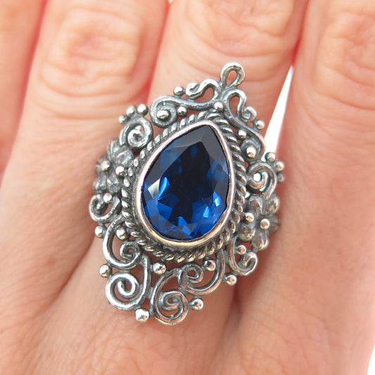 925 Sterling Silver Vintage Lab-Created Sapphire Flower Oxidized Ring Size 8.25