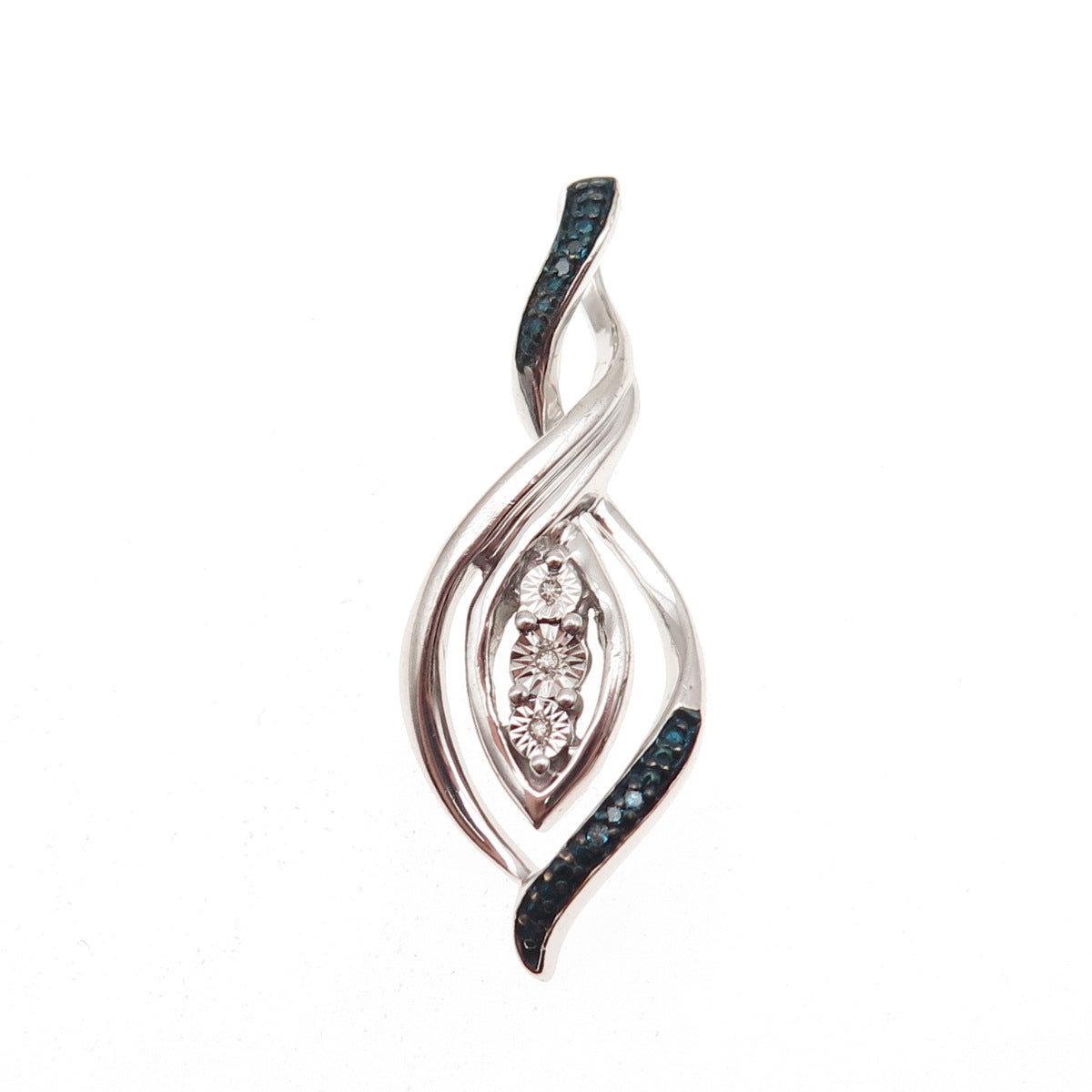 925 Sterling Silver Real Round-Cut Blue & White Diamond Twisted Charm Pendant