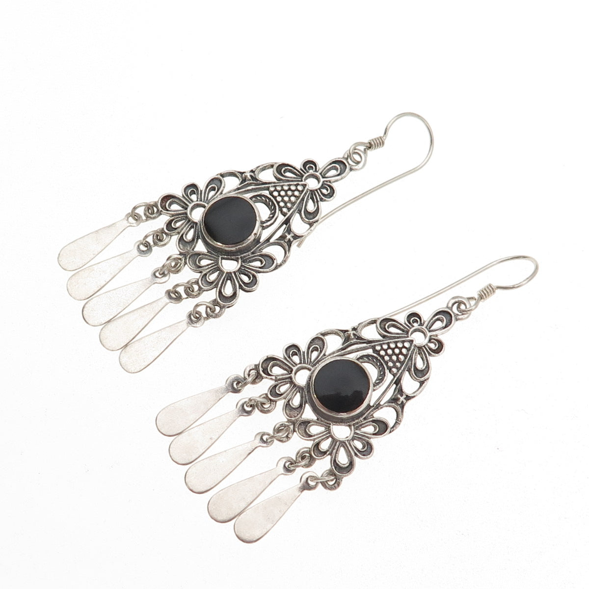 925 Sterling Silver Vintage Real Black Onyx Floral Oxidized Dangle Earrings