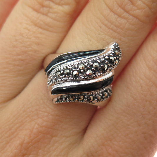 925 Sterling Silver Vintage Real Black Onyx & Marcasite Oxidized Ring Size 7.25