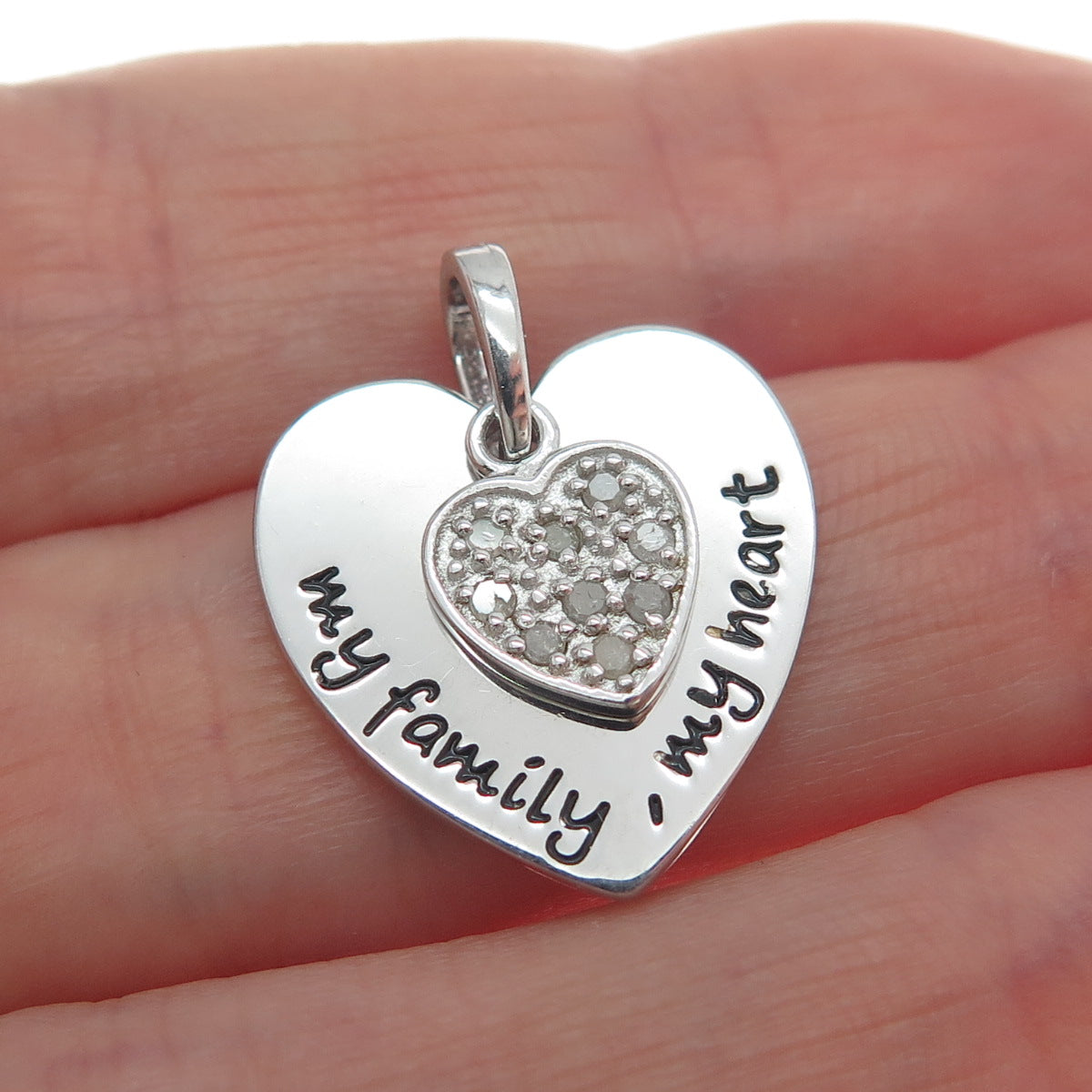 HAN 925 Sterling Silver Real Round-Cut Diamond My Family My Heart Charm Pendant