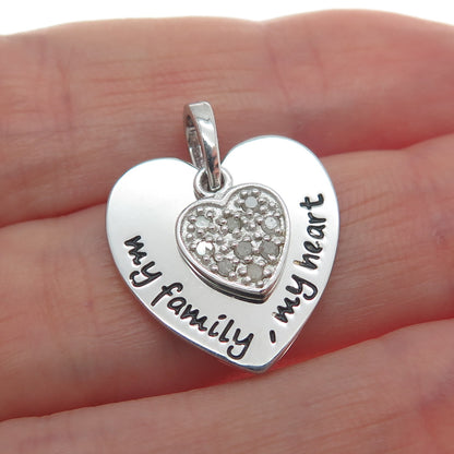 HAN 925 Sterling Silver Real Round-Cut Diamond My Family My Heart Charm Pendant