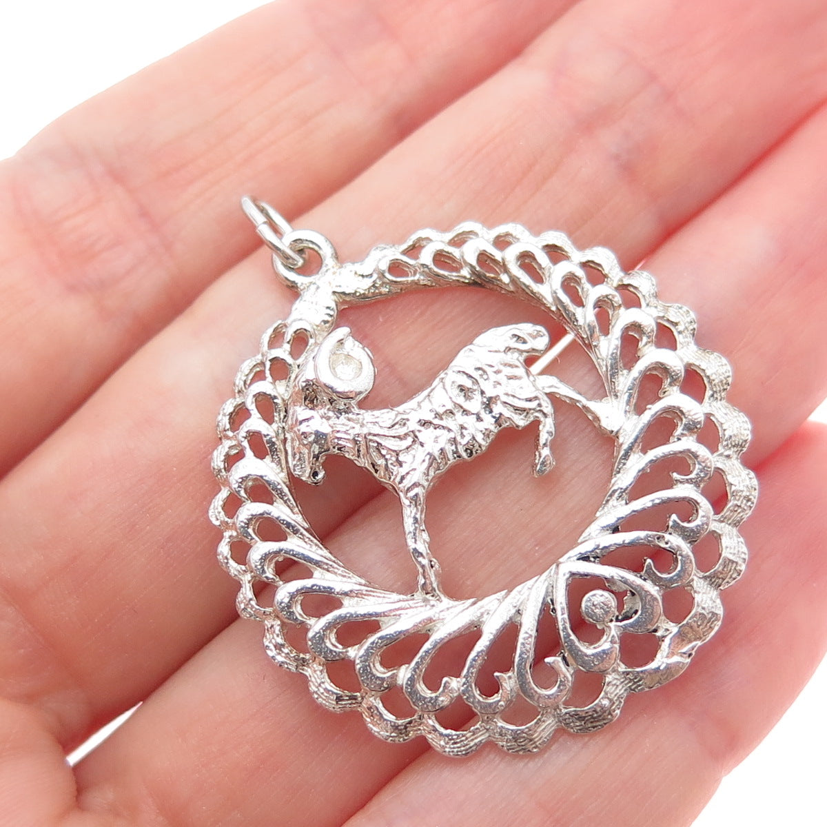 925 Sterling Silver Vintage Aries Zodiac Sign Heart Ornate Charm Pendant