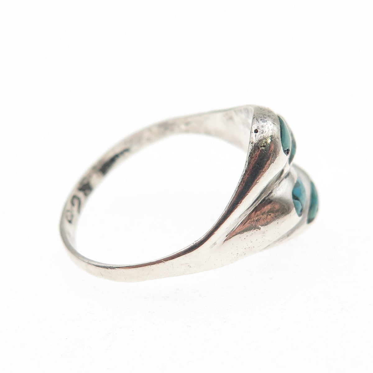 925 Sterling Silver Vintage Real Turquoise Inlay Modernist Oxidized Ring Size 6