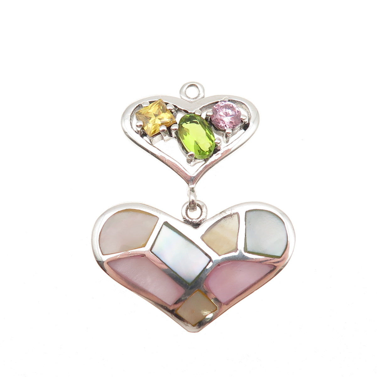 925 Sterling Silver Real MOP Peridot Citrine & Pink C Z Heart Charm Pendant
