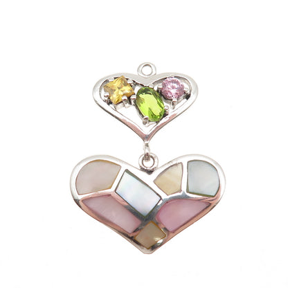 925 Sterling Silver Real MOP Peridot Citrine & Pink C Z Heart Charm Pendant