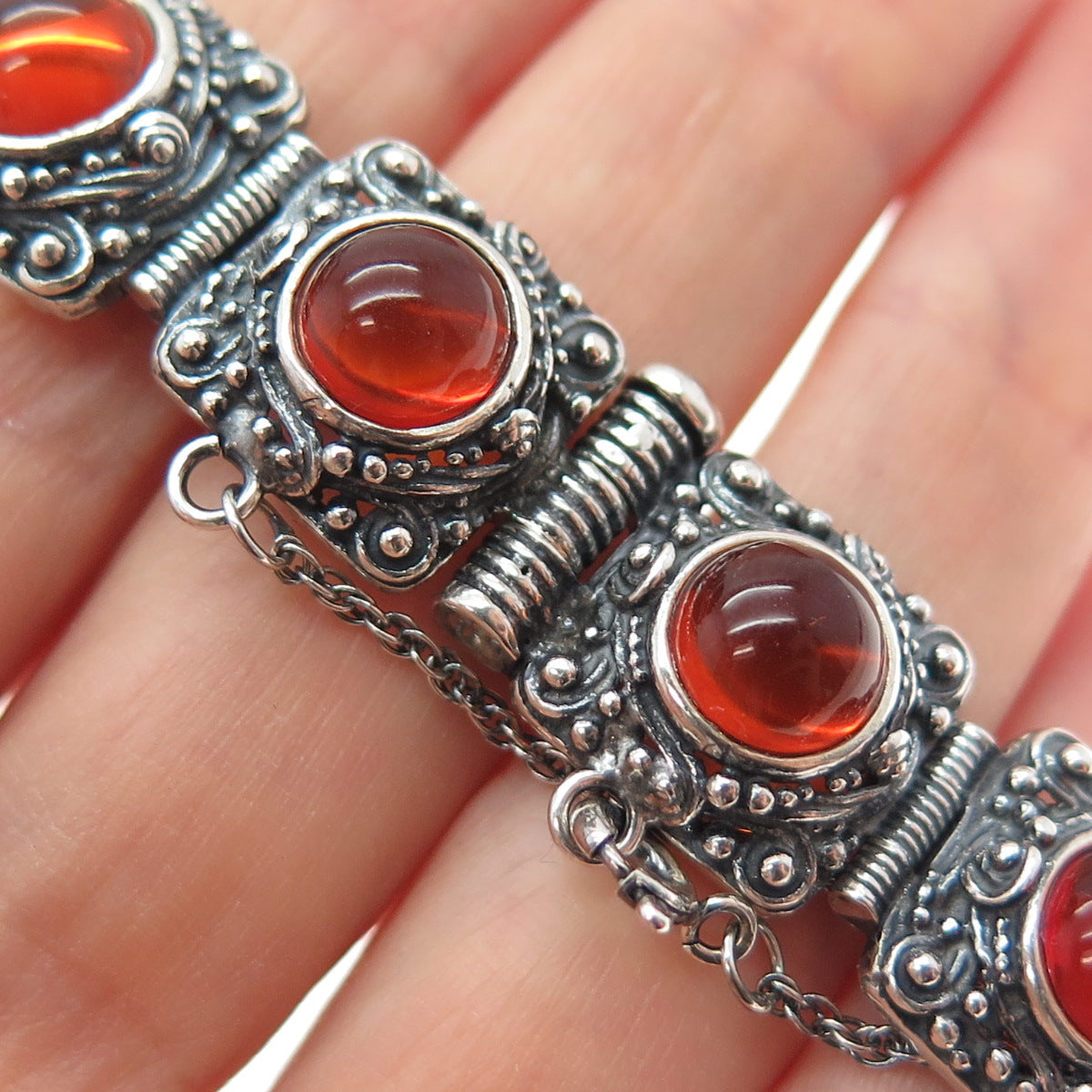 925 Sterling Silver Vintage Poland Real Amber Granulated Oxidized Bracelet 7.75"