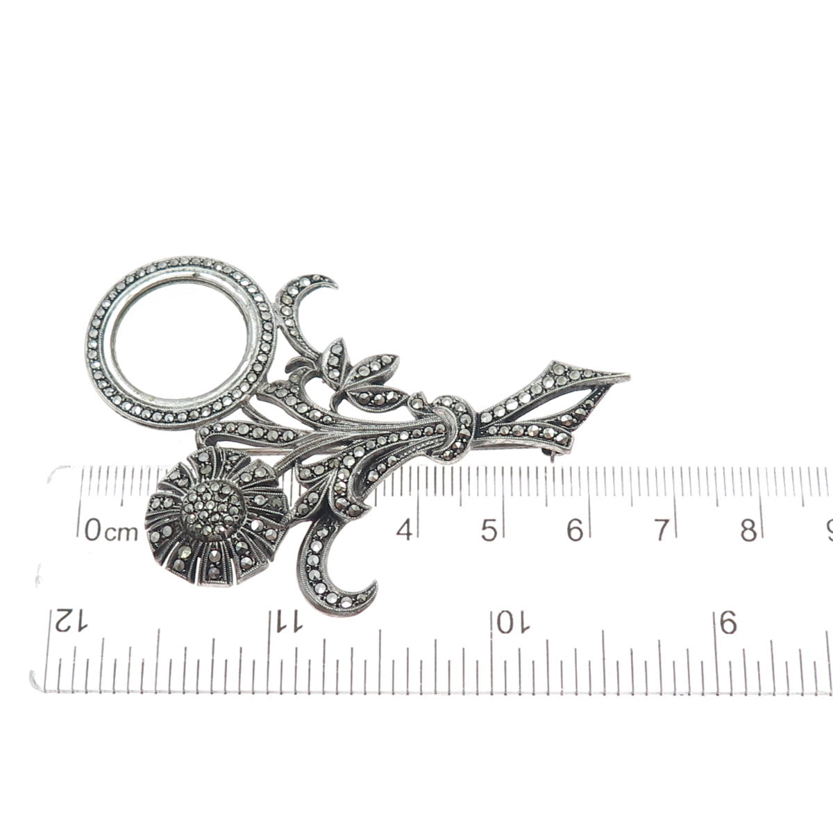 925 Sterling Silver Antique Art Deco Real Marcasite Flower Oxidized Pin Brooch
