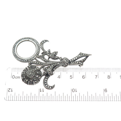 925 Sterling Silver Antique Art Deco Real Marcasite Flower Oxidized Pin Brooch