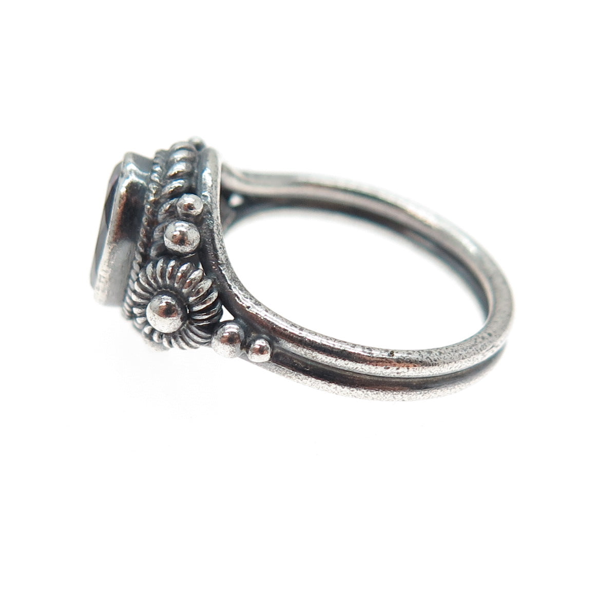 925 Sterling Silver Vintage Real Amethyst Cannetille Oxidized Ring Size 5.5