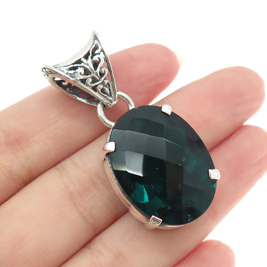 925 Sterling Silver Vintage Oval-Cut Dark Ocean Green Glass Ornate Pendant