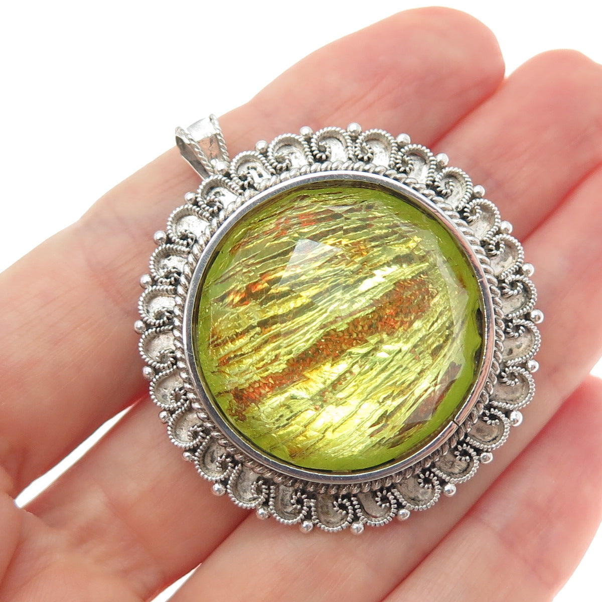 925 Sterling Silver Vintage Mexico Dichroic Glass Sun Pin Brooch / Pendant