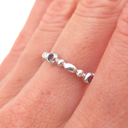 925 Sterling Silver Real Round-Cut Amethyst Station Band Ring Size 7