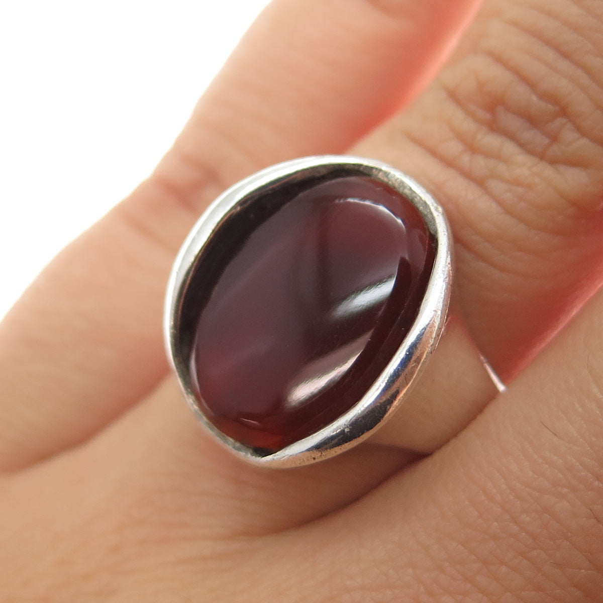 925 Sterling Silver Vintage Real Carnelian Modernist Oxidized Ring Size 6.5
