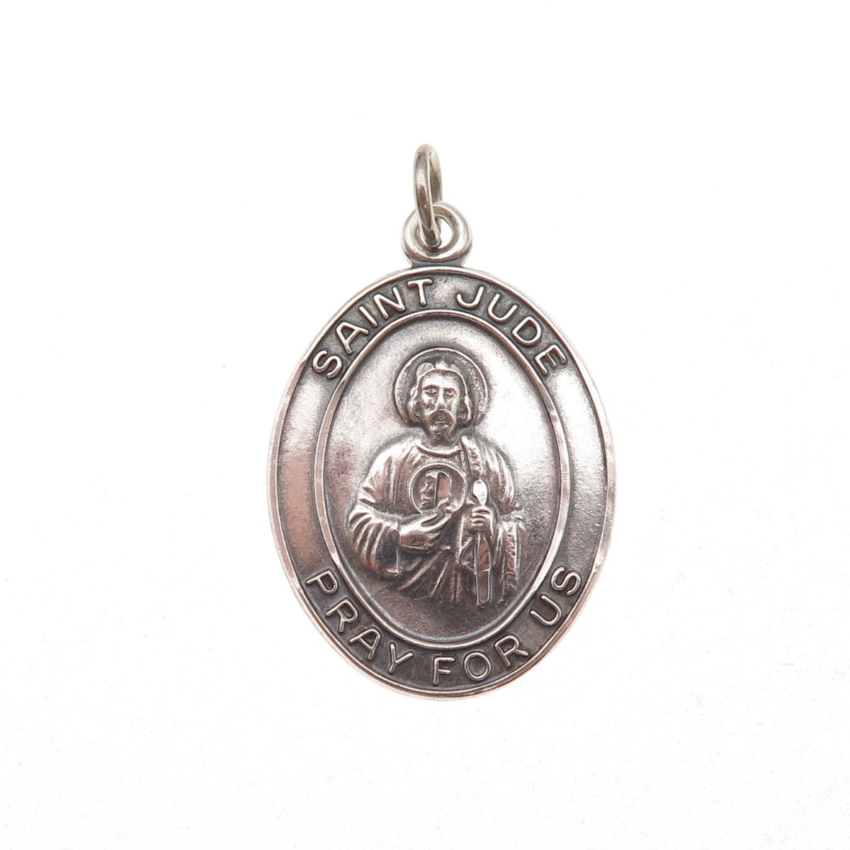 925 Sterling Silver Antique Art Deco Saint Jude Religious Oxidized Charm Pendant