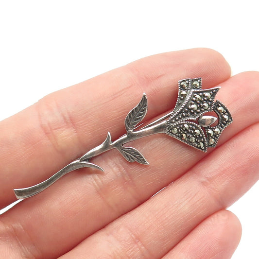 925 Sterling Silver Vintage SU Real Marcasite Gem Rose Floral Pin Brooch