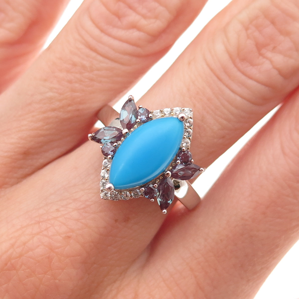 925 Sterling Silver Real Turquoise Peacock Sapphire & White Topaz Ring Size 8