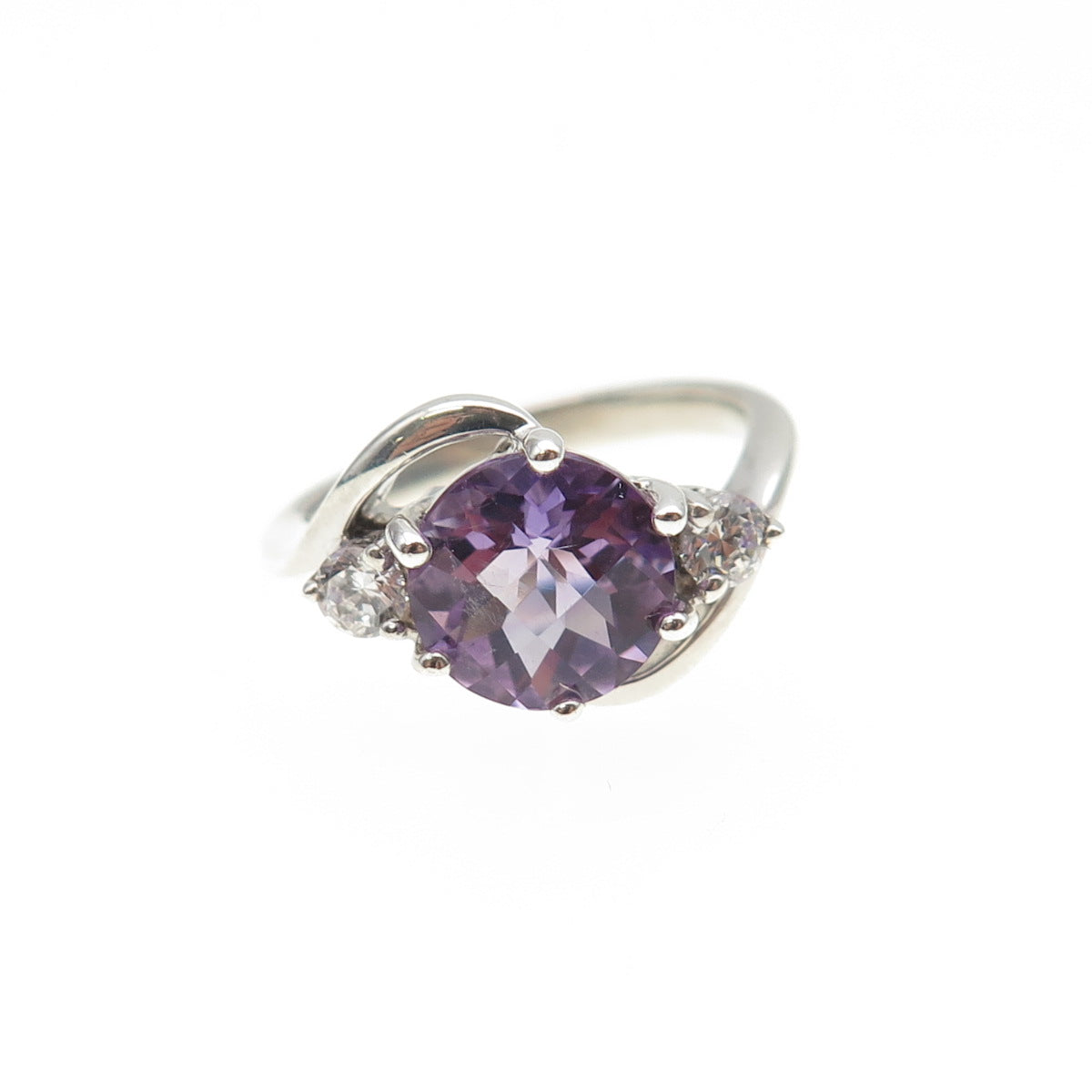925 Sterling Silver Real Round-Cut Amethyst & C Z Ring Size 5