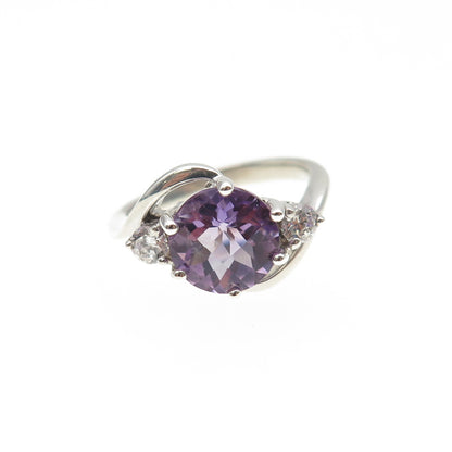 925 Sterling Silver Real Round-Cut Amethyst & C Z Ring Size 5