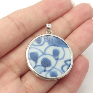 925 Sterling Silver Vintage Roun Pendant w/ Antique Chinese Porcelain