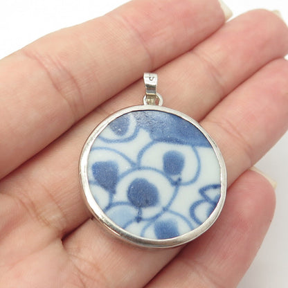 925 Sterling Silver Vintage Roun Pendant w/ Antique Chinese Porcelain