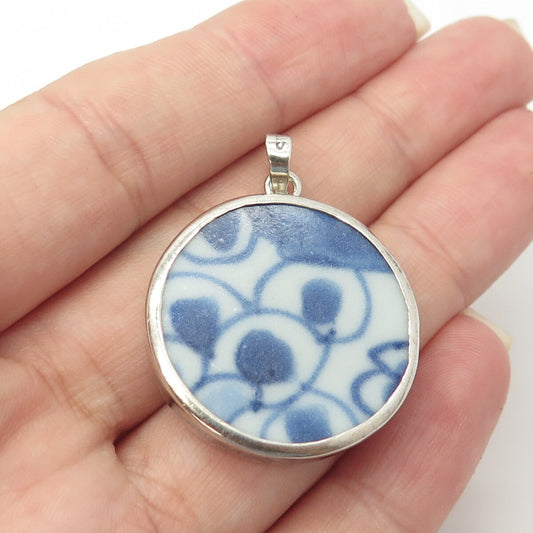 925 Sterling Silver Vintage Roun Pendant w/ Antique Chinese Porcelain