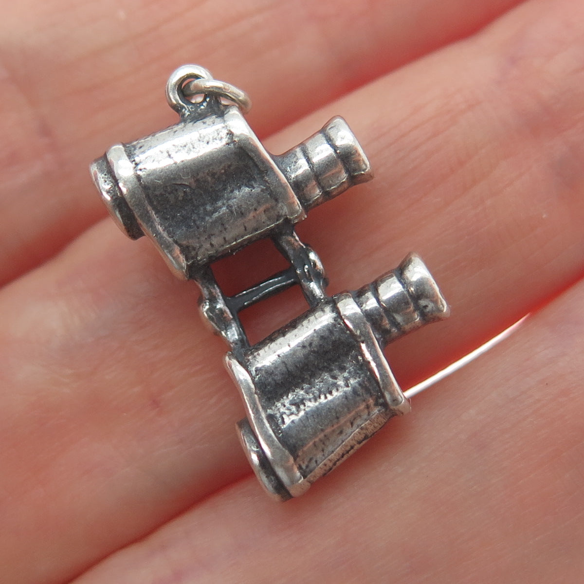 925 Sterling Silver Vintage Binoculars Oxidized Minimalist 3D Charm Pendant